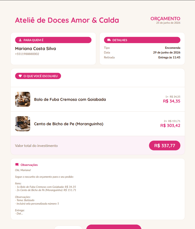 Orçamento de bolo em PDF gerado pelo Bakerly, com a marca da confeitaria