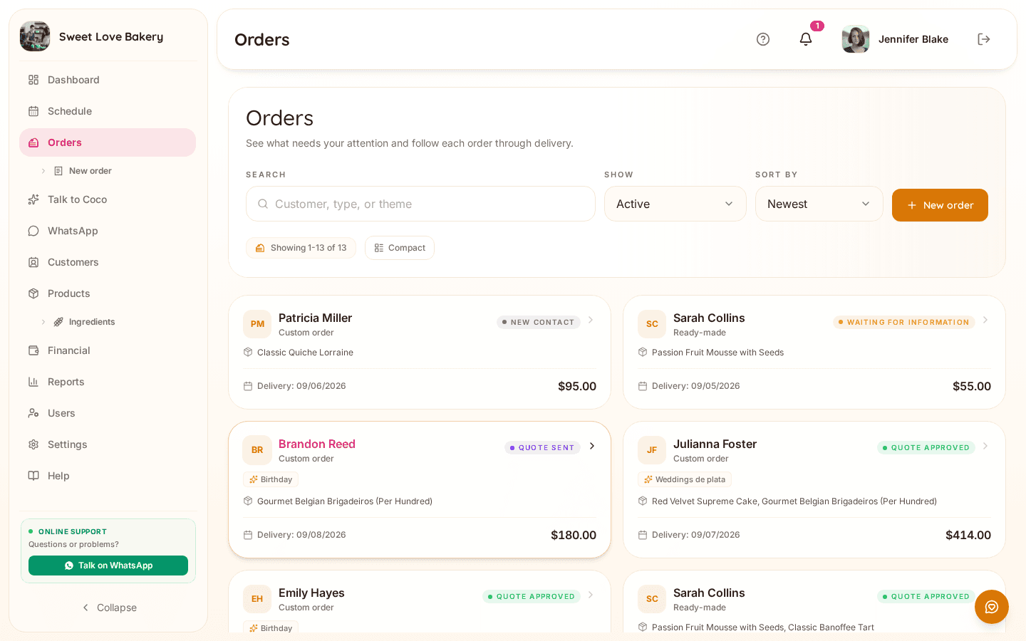 Bakerly orders dashboard, with all orders organized