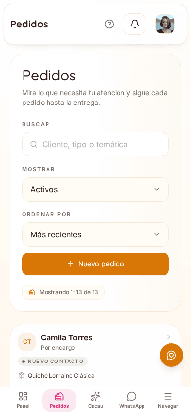 Pantalla de pedidos de Bakerly