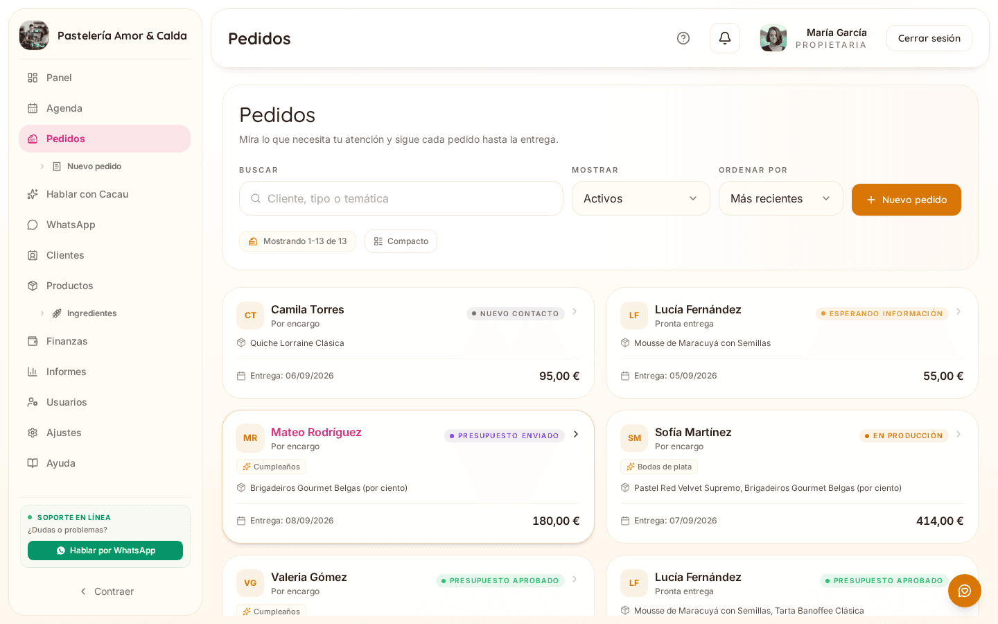 Panel de pedidos de Bakerly, con todos los pedidos organizados