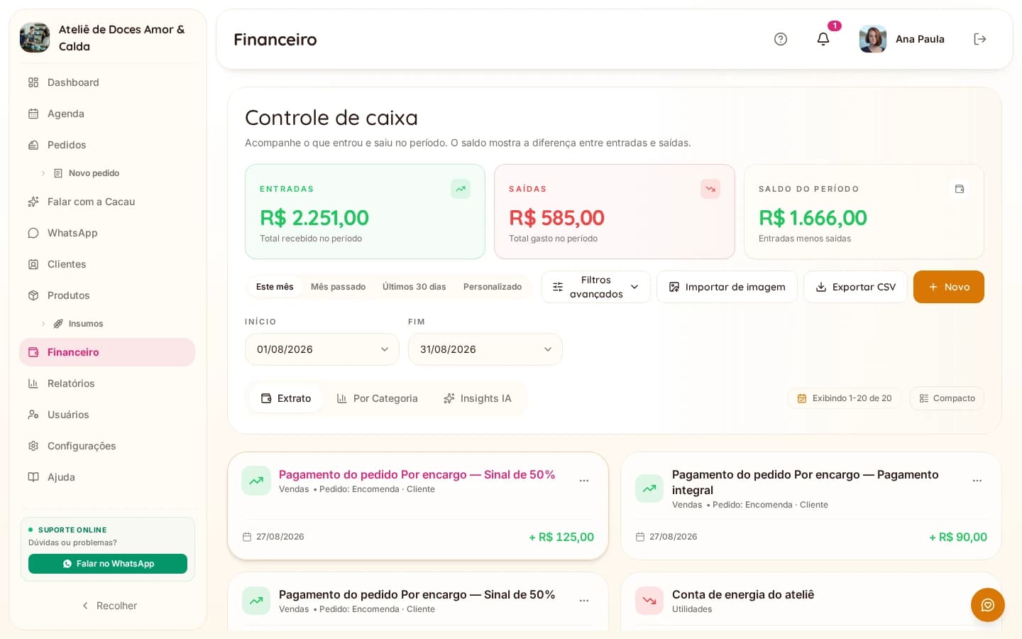Panel financiero de Bakerly con entradas, salidas y saldo del mes