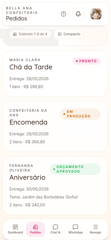 Pedidos da confeitaria organizados no Bakerly pelo celular
