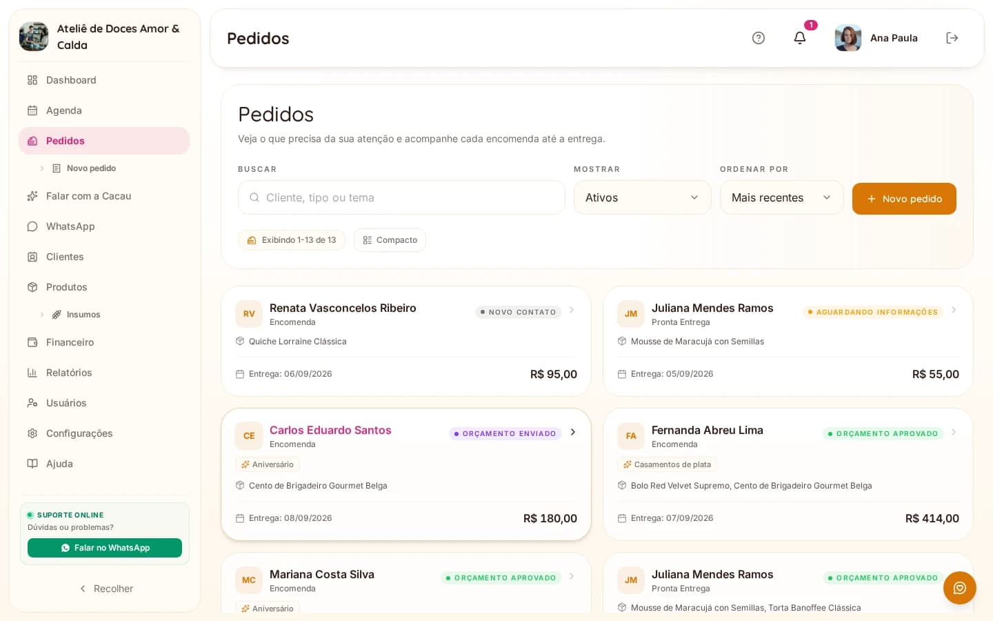 Bakery orders organized by customer, date, and status in Bakerly