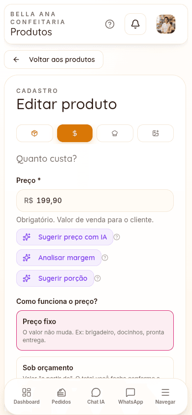 Precificação e ficha técnica do Bakerly no celular