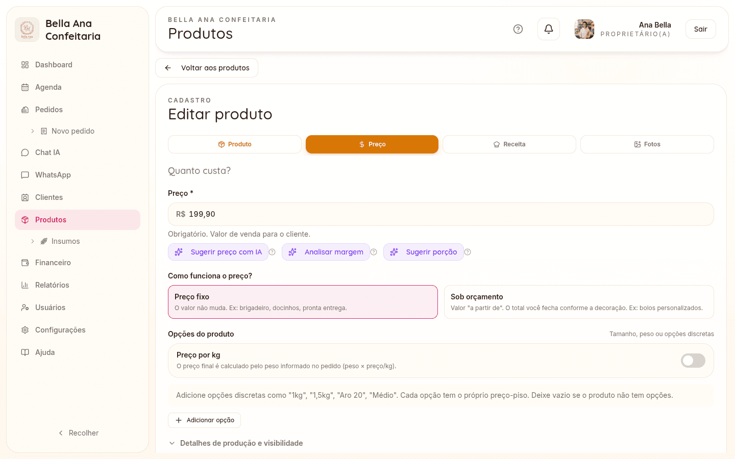 Precificação e ficha técnica do Bakerly