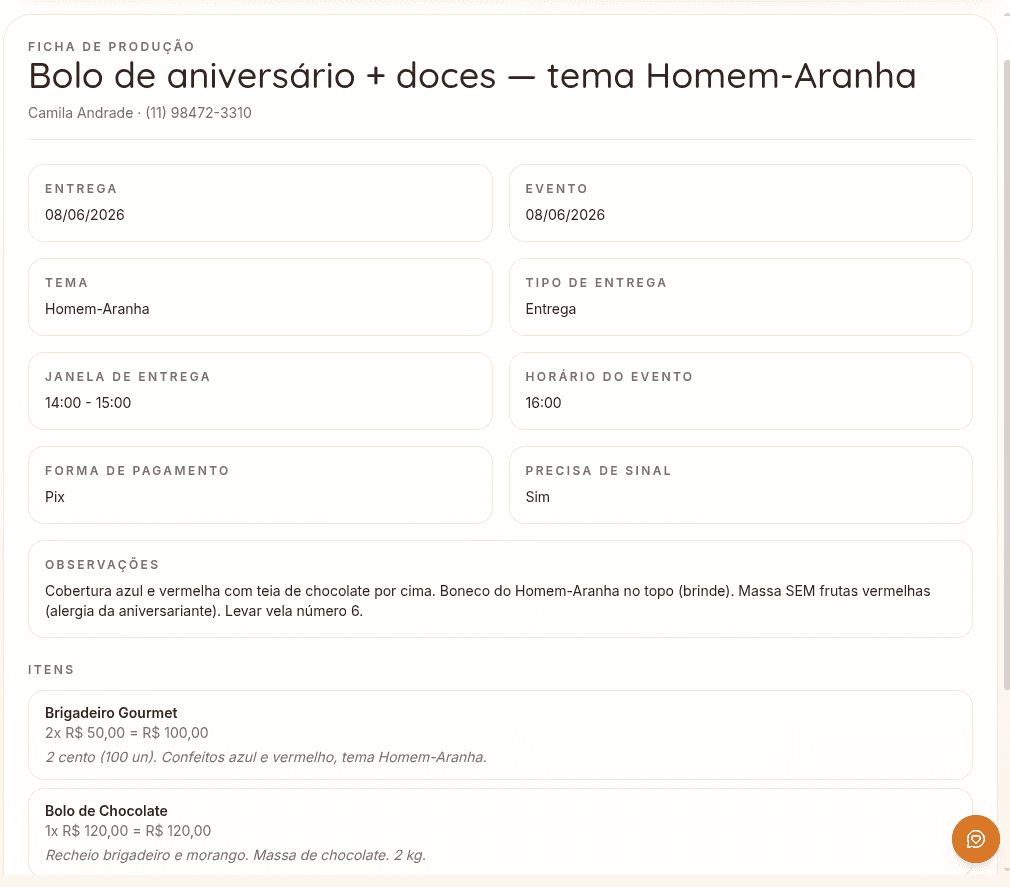 Ficha de produção gerada pelo Bakerly com dados do pedido, itens e observações