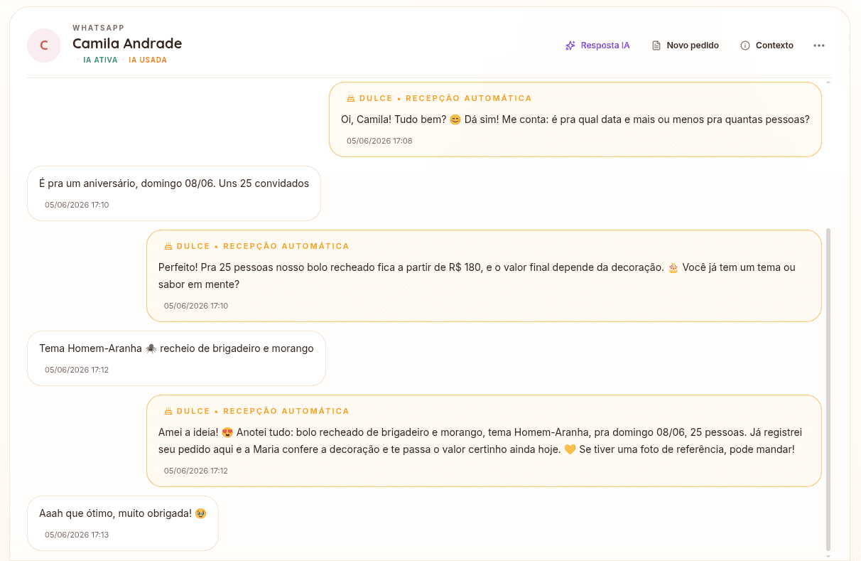 Conversa de WhatsApp com a IA do Bakerly atendendo a cliente e registrando o pedido