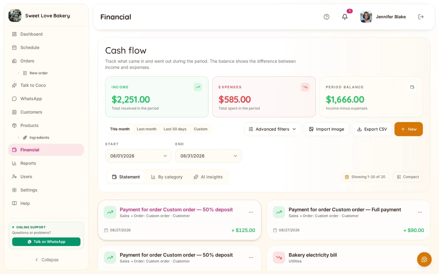 Bakerly's financial dashboard showing income, expenses and the month's balance